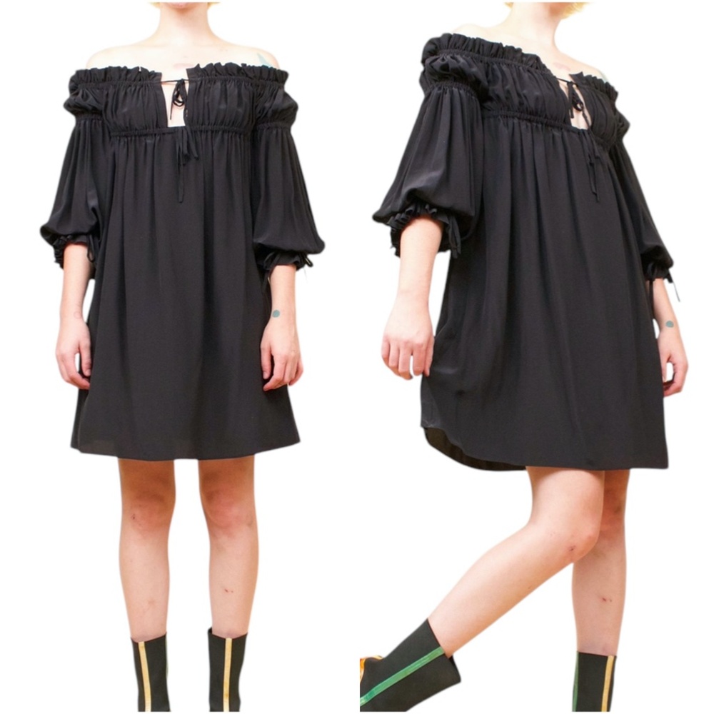 ALEXANDER MCQUEEN BLACK SILK BABY DOLL LOOSE FIT TIE FRONT MINI DRESS